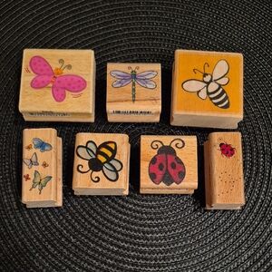 ASSORTED Insect Themed Wood Mount  Rubber Stamp Set, Set Of 7